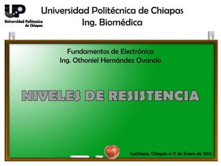 Universidad Politécnica de Chiapas
          Ing. Biomédica

      Fundamentos de Electrónica
    Ing. Othoniel Hernández Ovando




                        Suchiapa, Chiapas a 17 de Enero de 2012
 