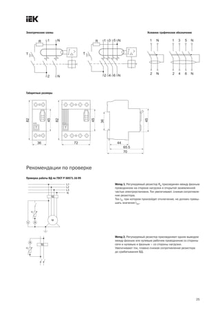 Электрические схемы                                              Условное графическое обозначение




Габаритные размеры




Рекомендации по проверке
Проверка работы ВД по ГОСТ Р 50571.16-99

                                           Метод 1. Регулируемый резистор Rр присоединен между фазным
                                           проводником на стороне нагрузки и открытой заземленной
                                           частью электроустановки. Ток увеличивают, снижая сопротивле-
                                           ние резистора.
                                           Ток I∆, при котором произойдет отключение, не должен превы-
                                           шать значения I∆n.




                                           Метод 2. Регулируемый резистор присоединяют одним выводом
                                           между фазным или нулевым рабочим проводником со стороны
                                           сети и нулевым и фазным – со стороны нагрузки.
                                           Увеличивают ток, плавно снижая сопротивление резистора
                                           до срабатывания ВД.




                                                                                                    25
 