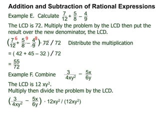 Addition and Subtraction of Rational Expressions
=
x2 + x – (2x – 2)
LCD
x
4x – 2
–
x – 1
2x2 + x – 1
=
x2 + x
LCD –
2x – 2
LCD
=
x2 + x – 2x + 2
LCD
=
x2 – x + 2
2(2x – 1)(x + 1)
Self–Check:
Do it by the multiplier method to see which way you prefer.
x
2(2x – 1)
–
x – 1
( x + 1)(2x – 1)
[ ]* 2(2x – 1)(x + 1) / LCD
 