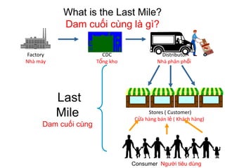 Factory
Nhà máy
CDC
Tổng kho
Distributor
Nhà phân phối
Stores ( Customer)
Cửa hàng bán lẻ ( Khách hàng)
Last
Mile
Dam cuối cùng
What is the Last Mile?
Dam cuối cùng là gì?
Consumer Người tiêu dùng
 