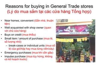Reasons for buying in General Trade stores
(Lý do mua sắm tại các cửa hàng Tổng hợp)
• Near homes, convenient (Gần nhà, thuận
tiện)
• Well acquainted with shop owner (quen
với chủ cửa hàng)
• Buys on credit (mua thiếu)
• Small item / amount of purchase (mua lẻ,
số lượng nhỏ)
– break-cases or individual units (mua số
lẻ của gói/hộp hay mua từng viên/cây)
• Emergency purchases (mua khi cần gấp)
• Impulse purchase (mua tùy hứng, không
có kế hoạch trước)
 