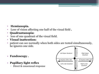 • Hemianopia.
• Lose of vision affecting one half of the visual field .
• Quadrantanopia:
• loss of one quadrant of the visual field.
• Visual inattention:
• patient can see normally when both sides are tested simultaneously,
he ignores one side.
• Fundoscopy .
• Pupillary light reflex
▫ Direct & consensual response
 