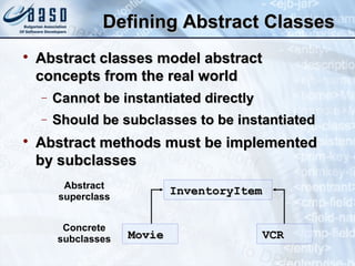 Defining Abstract ClassesDefining Abstract Classes

Abstract classes model abstractAbstract classes model abstract
concepts from the real worldconcepts from the real world
− Cannot be instantiated directlyCannot be instantiated directly
− Should be subclasses to be instantiatedShould be subclasses to be instantiated

Abstract methods must be implementedAbstract methods must be implemented
by subclassesby subclasses
Abstract
superclass
Concrete
subclasses
InventoryItemInventoryItem
MovieMovie VCRVCR
 