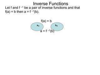 Inverse Functions
Let f and f –1 be a pair of inverse functions and that
f(a) = b then a = f –1(b).
ba
f(a) = b
a = f –1(b)
 