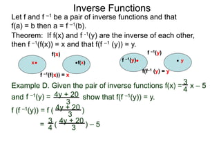 Inverse Functions
Theorem: If f(x) and f -1(y) are the inverse of each other,
then f –1(f(x)) = x and that f(f –1 (y)) = y.
Let f and f –1 be a pair of inverse functions and that
f(a) = b then a = f –1(b).
Example D. Given the pair of inverse functions f(x) = x – 5
and show that f(f –1(y)) = y.
f (f –1(y)) = f ( )
= ( ) – 5
3
4
f –1(y) = 4y + 20
3
4y + 20
3
4y + 20
3
3
4
f(x)
f –1(f(x)) = x
x
f(x) f –1(y)
f(f–1 (y) = y
f –1(y) y
 
