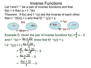 Inverse Functions
Theorem: If f(x) and f -1(y) are the inverse of each other,
then f –1(f(x)) = x and that f(f –1 (y)) = y.
Let f and f –1 be a pair of inverse functions and that
f(a) = b then a = f –1(b).
Example D. Given the pair of inverse functions f(x) = x – 5
and show that f(f –1(y)) = y.
f (f –1(y)) = f ( )
= ( ) – 5
= – 5
3
4
f –1(y) = 4y + 20
3
4y + 20
3
4y + 20
3
4y + 20
4
4(y + 5)
4
= – 5
3
4
f(x)
f –1(f(x)) = x
x
f(x) f –1(y)
f(f–1 (y) = y
f –1(y) y
 