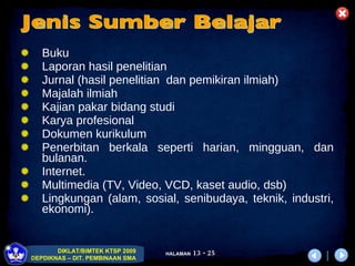 Buku  Laporan hasil penelitian Jurnal (hasil penelitian  dan pemikiran ilmiah)  Majalah ilmiah Kajian pakar bidang studi Karya profesional Dokumen kurikulum Penerbitan berkala seperti harian, mingguan, dan bulanan. Internet. Multimedia (TV, Video, VCD, kaset audio, dsb) Lingkungan (alam, sosial, senibudaya, teknik, industri, ekonomi). Jenis Sumber Belajar 