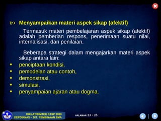 M enyampaikan materi aspek sikap (afektif) Termasuk materi pembelajaran aspek sikap (afektif) adalah pemberian respons, penerimaan suatu nilai, internalisasi, dan penilaian. Beberapa strategi dalam mengajarkan materi aspek sikap antara lain:  penciptaan kondisi,  pemodelan atau contoh,  demonstrasi,  simulasi,  penyampaian ajaran atau dogma. 