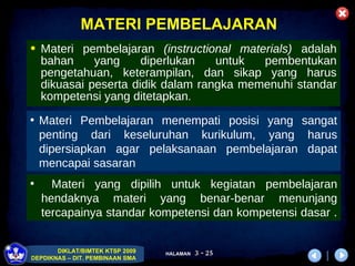 Materi pembelajaran  (instructional materials)  adalah  bahan yang diperlukan untuk pembentukan  pengetahuan, keterampilan, dan sikap yang harus dikuasai peserta didik dalam rangka memenuhi standar kompetensi yang ditetapkan .   Materi Pembelajaran menempati posisi yang sangat penting dari keseluruhan kurikulum, yang harus dipersiapkan agar pelaksanaan pembelajaran dapat mencapai sasaran   Materi yang dipilih untuk kegiatan pembelajaran hendaknya materi yang benar-benar menunjang tercapainya standar kompetensi dan kompetensi dasar .  MATERI PEMBELAJARAN 