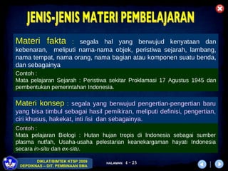 Materi fakta  :  segala hal yang berwujud kenyataan dan kebenaran,  meliputi nama-nama objek, peristiwa sejarah, lambang, nama tempat, nama orang, nama bagian atau komponen suatu benda, dan sebagainya Materi konsep   :  segala yang berwujud pengertian-pengertian baru yang bisa timbul sebagai hasil pemikiran, meliputi definisi, pengertian, ciri khusus, hakekat, inti /isi  dan sebagainya.  JENIS-JENIS MATERI PEMBELAJARAN Contoh :  Mata pelajaran Sejarah :  Peristiwa sekitar Proklamasi 17 Agustus 1945 dan pembentukan pemerintahan Indonesia. Contoh :  Mata pelajaran Biologi :  Hutan hujan tropis di Indonesia sebagai sumber plasma nutfah, Usaha-usaha pelestarian keanekargaman hayati Indonesia secara  in-situ  dan  ex-situ .   