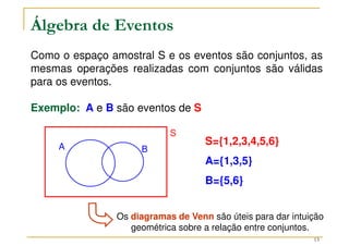 13
Álgebra de Eventos
Como o espaço amostral S e os eventos são conjuntos, as
mesmas operações realizadas com conjuntos são válidas
para os eventos.
Exemplo: A e B são eventos de S
S={1,2,3,4,5,6}
A={1,3,5}
B={5,6}
S
A B
Os diagramas de Venn são úteis para dar intuição
geométrica sobre a relação entre conjuntos.
 