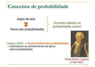 23
Conceitos de probabilidade
Teoria das probabilidades
Conceito clássico ou
probabilidade a priori
Jogos de azar
Laplace (1812) →
→
→
→ Teoria Analítica das probabilidades
→
→
→
→ sistematizou os conhecimentos da época
sobre probabilidades
Pierre-Simon Laplace
(1749-1827)
 