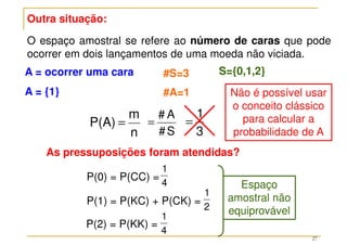 27
n
m
P(A) =
S={0,1,2}
A = ocorrer uma cara
A = {1}
#S=3
#A=1
S
#
A
#
=
3
1
=
O espaço amostral se refere ao número de caras que pode
ocorrer em dois lançamentos de uma moeda não viciada.
Outra situação:
P(0) = P(CC) =
P(1) = P(KC) + P(CK) =
P(2) = P(KK) =
As pressuposições foram atendidas?
2
1
4
1
4
1
Não é possível usar
o conceito clássico
para calcular a
probabilidade de A
Espaço
amostral não
equiprovável
 