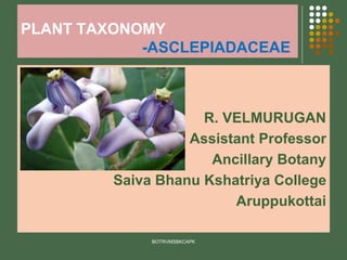 PLANT TAXONOMY
-ASCLEPIADACEAE
R. VELMURUGAN
Assistant Professor
Ancillary Botany
Saiva Bhanu Kshatriya College
Aruppukottai
BOTRVMSBKCAPK
 