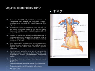 Órganosintratorácicos:TIMO
 Es una estructura bilobulada, asimétrica, que constituye el
componente más anterior del mediastino superior,
inmediatamente por detrás del manubrio esternal. [Ver
figura 1]
 Su extensión superior puede alcanzar hasta el cuello, tan
alto como la glándula tiroidea; y una porción inferior
típicamente extendida hacia el mediastino anterior sobre el
saco pericárdico.
 Envuelto en el desarrollo temprano del sistema inmune, el
timo es una estructura larga durante la niñez, e inicia su
atrofia en la pubertad, y exhibe considerables variaciones
en tamaño en el adulto.
 En el adulto mayor, es escasamente identificado como un
órgano, formada completamente por tejido graso que
algunas veces se ordena como estructuras grasosas
bilobuladas.
 Está irrigado por pequeñas ramas que se originan de las
arterias torácicas internas y drena hacia la vena
braquiocefálica izquierda y posiblemente a la vena torácica
interna.
 El drenaje linfático se verifica s los siguientes grupos
ganglionares:
1. Paraesternales o a lo largo de las arterias torácicas internas.
2. Traqueobronquiales o en la bifurcación de la tráquea.
3. A la raíz el cuello.
 TIMO
103
 
