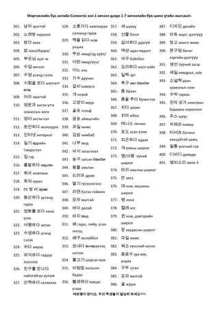 Мэргэжлийн бус ангийн Солонгос хэл-1 хичээл дээрх 1-7 хичээлийн бүх шинэ үгийн жагсаалт.
301. 남자 эрэгтэй
302. 노래방 караоке
303. 받다 авах
304. 밥 хоол/будаа/
305. 부모님 эцэг эх
306. 수업 хичээл
307. 수영 усанд сэлэх
308. 시험을 보다 шалгалт
өгөх
309. 여자 эмэгтэй
310. 영문과 англи утга
зохиолын анги
311. 영어 англи хэл

328. 소풍가다 хамтаараа 357. 새 шувуу
салхинд гарах
329. 책을 읽다 ном
унших
330. 무슨 ямар/эд зүйл/
331. 어떤 ямар/хүн/
332. 어느 аль
333. 가수 дуучин
334. 갈비 хавирга
335. 개 нохой
336. 고양이 муур
337. 골프 гольф
338. 공포 аймшгийн

312. 운전하다 жолоодох 339. 과일 жимс
313. 인터넷 интернэт

340. 김밥 кимбаб

314. 일기 өдрийн

341. 나무 мод

тэмдэглэл
315. 집 гэр
316. 출발하다 хөдлөх
317. 회사 компани
318. 회의 хурал
319. PC 방 PC өрөө
320. 등산하다 ууланд
гарах
321. 영화를 보다 кино
үзэх
322. 여행하다 аялах
323. 수영하다 усанд
сэлэх
324. 쉬다 амрах
325. 외식하다 гадуур
хооллох
326. 친구를 만나다
найзтайгаа уулзах
327. 산책하다 салхилах

342. 낚시 загасчлал
343. 농구 сагсан бөмбөг
344. 동물 амьтан
345. 드라마 драм
346. 딸기 гүзээлзгэнэ
347. 라면 бэлэн гоймон

358. 선물 бэлэг

388. 마트 март, дэлгүүр

359. 싫어하다 дургүй

389. 망고 манго жимс

360. 액션 адал явдалт

390. 문구점 бичиг

361. 야구 бэйсбол
362. 요리하다 хоол хийх
363. 일찍 эрт
364. 축구 хөл бөмбөг
365. 춤 бүжиг
366. 춤을 추다 бүжиглэх
367. 치다 цохих

371. 피곤하다 ядрах

395. 전자 상가 электрон
барааны хороолол

ханцуйтай цамц

372. 개 юмны ширхэг

399. 필통 үзэгний сав

373. 명/사람 хүний

400. 디비디 дивиди

ширхэг
374. 마리 амьтны ширхэг
375. 잔 аяга
376. 대 ком, машины
ширхэг

ширхэг
380. 장 хуудасны ширхэг

352. 배구 волейбол

381. 과일 жимс

353. 보내다 өнгөрүүлэх,

382. 채소 хүнсний ногоо

356. 빨래하다 хувцас

394. 수박 тарвас

398. 티셔츠 богино

379. 권 ном, дэвтэрийн

будаа

зохиолын ном

370. 포도 усан үзэм

350. 바지 өмд

355. 비빔밥 хольсон

393. 소설책 уран

397. 카메라 камер

378. 켤레 хос

354. 불고기 шарсан мах

392. 세일 хямдрал, sale

369. 테니스 теннис

349. 바다 далай

илгээх

391. 생선 түүний загас

396. 주스 шүүс

377. 병 лонх

онгоц

хэргийн дэлгүүр

368. 치마 юбка

348. 모자 малгай

351. 배 гэдэс, лийр, усан

387. 디자인 дизайн

383. 음료수 уух юм,
ундаа
384. 구두 гутал
385. 모자 малгай
386. 귤 жүрж

угаах
에르뗌이 썼어요. 우리 학생들이 열심히 하세요^^^.

401. 엠피스리 эмпи 3

 