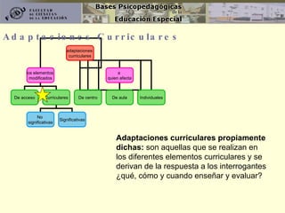 Adaptaciones Curriculares Adaptaciones curriculares propiamente dichas:  son aquellas que se realizan en los diferentes elementos curriculares y se derivan de la respuesta a los interrogantes ¿qué, cómo y cuando enseñar y evaluar? adaptaciones  curriculares los elementos  modificados a  quien afecta De centro De aula Individuales De acceso Curriculares No  significativas Significativas 
