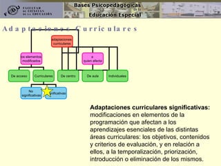 Adaptaciones Curriculares Adaptaciones curriculares significativas:  modificaciones en elementos de la programación que afectan a los aprendizajes esenciales de las distintas áreas curriculares: los objetivos, contenidos y criterios de evaluación, y en relación a ellos, a la temporalización, priorización, introducción o eliminación de los mismos. adaptaciones  curriculares los elementos  modificados a  quien afecta De centro De aula Individuales De acceso Curriculares No  significativas Significativas 