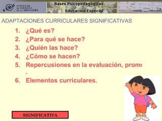 ¿Qué es? ¿Para qué se hace? ¿Quién las hace? ¿Cómo se hacen? Repercusiones en la evaluación, promoción y titulación . Elementos curriculares. ADAPTACIONES CURRICULARES SIGNIFICATIVAS SIGNIFICATIVA 