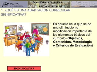 Es aquella en la que se de una eliminación o modificación importante de los elementos básicos del currículo ( Objetivos, Contenidos, Metodología y Criterios de Evaluación ) 1. ¿QUÉ ES UNA ADAPTACIÓN CURRICULAR SIGNIFICATIVA? SIGNIFICATIVA 
