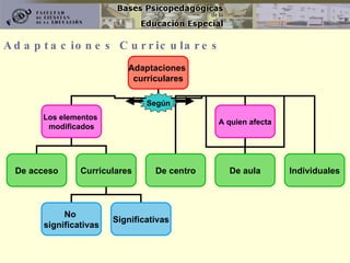 Adaptaciones Curriculares Adaptaciones  curriculares Los elementos  modificados A quien afecta De centro De aula Individuales De acceso Curriculares No  significativas Significativas Según 