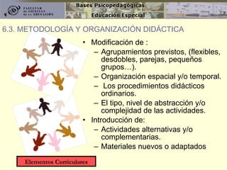 Modificación de : Agrupamientos previstos, (flexibles, desdobles, parejas, pequeños grupos…). Organización espacial y/o temporal. Los procedimientos didácticos ordinarios. El tipo, nivel de abstracción y/o complejidad de las actividades.  Introducción de: Actividades alternativas y/o complementarias. Materiales nuevos o adaptados 6.3. METODOLOGÍA Y ORGANIZACIÓN DIDÁCTICA Elementos Curriculares 
