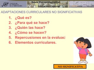¿Qué es? ¿Para qué se hace? ¿Quién las hace? ¿Cómo se hacen? Repercusiones en la evaluación y promoción. Elementos curriculares. ADAPTACIONES CURRICULARES NO SIGNIFICATIVAS NO SIGNIFICATIVA 