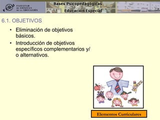 Eliminación de objetivos básicos. Introducción de objetivos específicos complementarios y/o alternativos. 6.1. OBJETIVOS Elementos Curriculares 