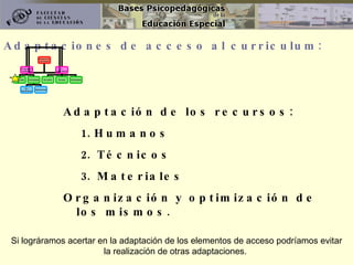 Adaptaciones de acceso al curriculum: Adaptación de los recursos: Humanos Técnicos Materiales Organización y optimización de los mismos.  Si lográramos acertar en la adaptación de los elementos de acceso podríamos evitar la realización de otras adaptaciones.   adaptaciones  curriculares los elementos  modificados a  quien afecta De centro De aula Individuales De acceso Curriculares No  significativas Significativas 