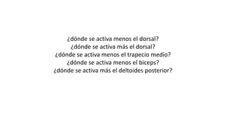 ¿dónde se activa menos el dorsal?
¿dónde se activa más el dorsal?
¿dónde se activa menos el trapecio medio?
¿dónde se activa menos el biceps?
¿dónde se activa más el deltoides posterior?
 