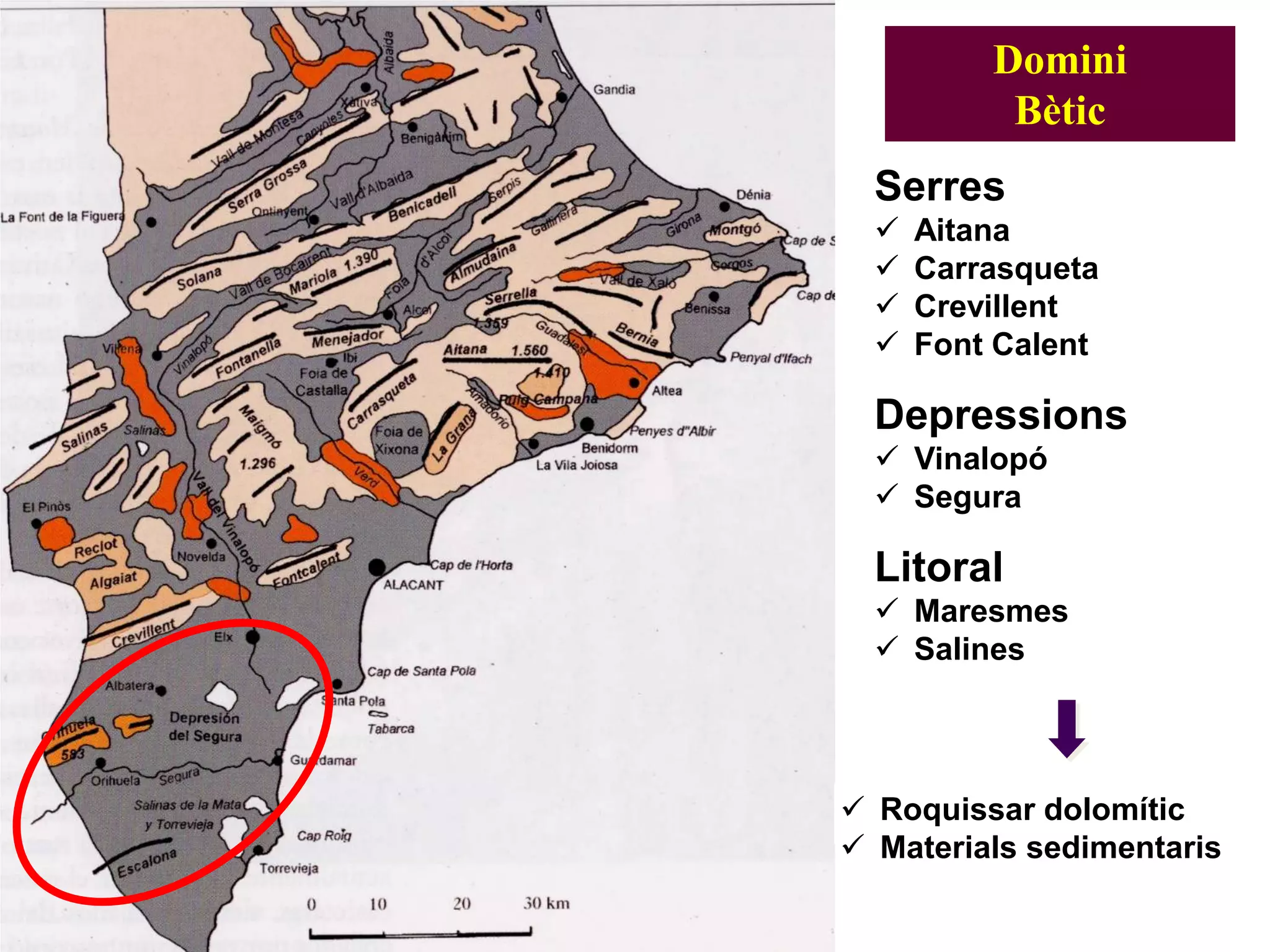 Domini
Bètic
Serres
 Aitana
 Carrasqueta
 Crevillent
 Font Calent
Depressions
 Vinalopó
 Segura
Litoral
 Maresmes
 Salines
 Roquissar dolomític
 Materials sedimentaris
 