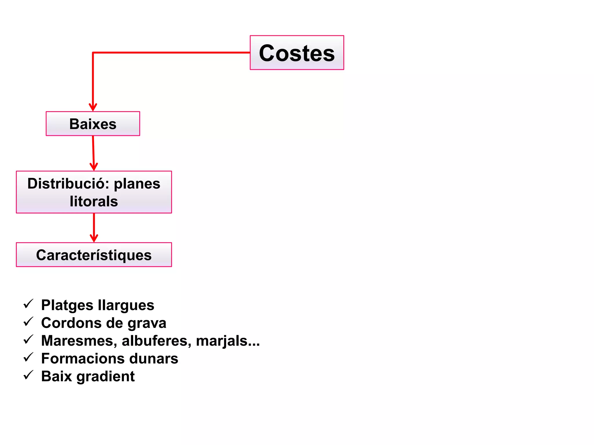 Costes
Baixes
Distribució: planes
litorals
Característiques
 Platges llargues
 Cordons de grava
 Maresmes, albuferes, marjals...
 Formacions dunars
 Baix gradient
 