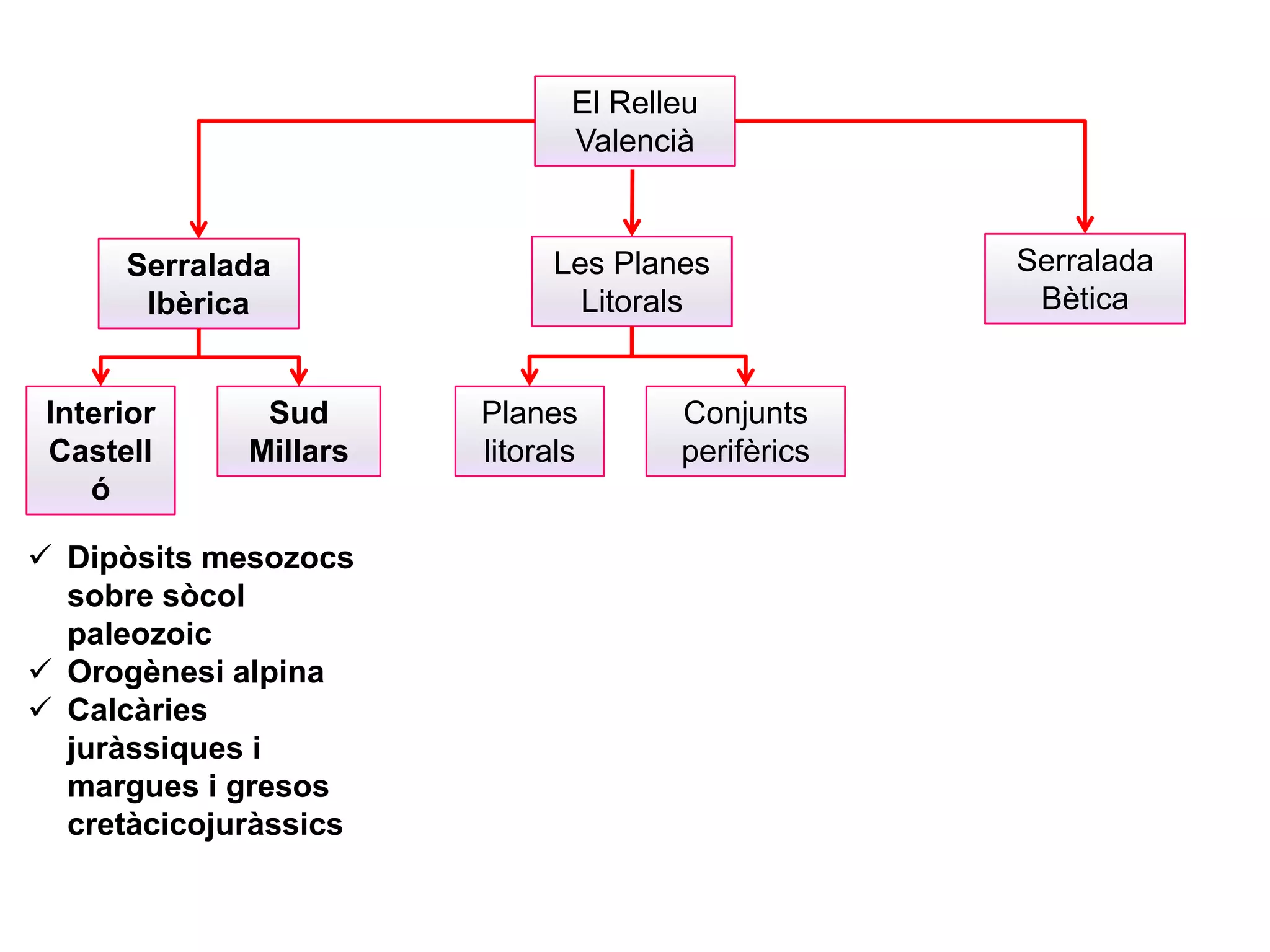 El Relleu
Valencià
Serralada
Bètica
Les Planes
Litorals
Serralada
Ibèrica
Interior
Castell
ó
Sud
Millars
 Dipòsits mesozocs
sobre sòcol
paleozoic
 Orogènesi alpina
 Calcàries
juràssiques i
margues i gresos
cretàcicojuràssics
Planes
litorals
Conjunts
perifèrics
 