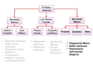 El Relleu
                                     Valencià


      Serralada                  Les Planes                       Serralada
       Ibèrica                     Litorals                        Bètica


Interior       Sud        Planes          Conjunts
                                                       Prebètic   Subbètic    Bètic
Castelló      Millars     litorals        perifèrics


 Dipòsits mesozocs      Afonament  Continuïtat
  sobre sòcol             pleistocè                         Plegaments Miocè
                                      Meseta
  paleozoic              Rebliment  Serres                Relleu atalussat
 Orogènesi alpina        posterior                         Depressions
                                      Corbera i
 Calcàries                                                  estructurals
                                      Mondúver
  juràssiques i                                              (Segura)
  margues i gresos
  cretàcicojuràssics
 