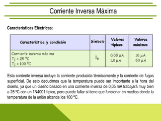 Corriente Inversa Máxima

Características Eléctricas:




Esta corriente inversa incluye la corriente producida térmicamente y la corriente de fugas
superficial. De esto deducimos que la temperatura puede ser importante a la hora del
diseño, ya que un diseño basado en una corriente inversa de 0,05 mA trabajará muy bien
a 25 ºC con un 1N4001 típico, pero puede fallar si tiene que funcionar en medios donde la
temperatura de la unión alcance los 100 ºC.
 