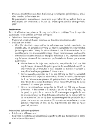 18
–	 Pérdidas (evidentes u ocultas): digestivas, proctológicas, ginecológicas, urina-
rias, nasales, pulmonares, etc.
–	 Requerimientos aumentados: embarazos (especialmente seguidos). Inicio de
tratamiento con cobalamina o folatos (ej.: anemia perniciosa) o eritropoyetina
(IRC)
Tratamiento
Revertir el balance negativo de hierro y convertirlo en positivo. Toda ferropenia,
cualquiera sea su estadío, debe ser corregida.
–	 Solucionar la causa etiológica
–	 Mejorar el aporte de hierro hemínico de los alimentos (carnes, etc.)
–	 Medicar con hierro:
	 -	Oral (de elección): comprimidos de sales ferrosas (sulfato, succinato, fu-
marato, etc., en general con 60 mg de hierro elemental por comprimido),
jarabe o gotas: 60 - 120 mg de hierro elemental por día tomado lejos de las
comidas junto con ácido ascórbico (jugo cítrico) para favorecer su absorción
	 -	Intramuscular: hierro dextran de bajo peso molecular al 5%, ampollas con 100
mg de hierro elemental, intramuscular profundo hasta 3 veces por semana.
	 -	Endovenoso:
	 •	 hierro dextran de bajo peso molecular, ampollas de 2 ml con 100
mg de hierro elemental. Requiere prueba de sensibilidad con 0,5 ml
endovenoso en 30 minutos o más, esperar 60 minutos y aplicar la
ampolla disuelta por goteo en 2 horas o más.
	 •	 hierro sacarato, ampollas de 5 ml con 100 mg de hierro elemental.
Administrar 1-2 ampollas endovenoso directo a velocidad no mayor
de 1 ml/minuto o en goteo a 40 gotas/minuto de una dilución de
1ml/20 ml de solución fisiológica. Dosis hasta 100-200 mg de hierro
elemental 1-2 veces por semana.
	 •	 hierro carboximaltosa, ampollas de 10 ml con 500 mg de hierro
elemental. Administrar 1-2 ampollas (hasta 15 mg de hierro/Kg
de peso) en goteo de no menos de 15 minutos por ampolla de una
dilución no menor de 2mg de hierro/ml (diluir en no más de 250 ml
de solución de ClNa 0,9%). Si es necesario repetir la aplicación dejar
pasar por lo menos una semana. En anemias moderadas-severas en
general se requiere un total de 500 mg de hierro por cada 20 Kg de
peso del paciente.
Indicaciones del hierro parenteral
–	 Intolerancia al hierro oral
–	 Sospecha o existencia de enfermedad digestiva alta que desaconseje la admi-
nistración de hierro oral
 
