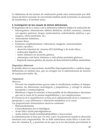 27
La deficiencia de los factores de maduración puede estar enmascarada por defi-
ciencia de hierro asociada. Es conveniente también medir la ferremia, la saturación
de transferrina y la ferritina sérica.
3. Investigación de la/s causa/s de dicha/s deficiencia/s.
El diagnóstico de la/s causa/s de la deficiencia (tabla13) implica la realización de:
–	 Interrogatorio: alimentación, hábitos dietéticos, alcohol, carencias, contacto
con agentes químicos, drogas, medicamentos, enfermedades médicas y qui-
rúrgicas, oficio/profesión, etc.;
–	 Antecedentes familiares;
–	 Examen físico
–	 Exámenes complementarios ( laboratorio, imágenes, instrumentales).
	 Estudios específicos:
	 - absorción intestinal de vitamina B12 (Schilling) y de ácido fólico;
	 - endoscopía digestiva alta;
	 - factor intrínseco en secreción gástrica;
	 - anticuerpos anti-factor intrínseco y anti-células parietales gástricas;
	 - biopsia de mucosa gástrica, de yeyuno, de íleon terminal (cubilina, amnionless).
Diagnóstico diferencial
Es posible observar macrocitosis, neutrófilos hipersegmentados y cambios mega-
loblastoides en médula ósea, que no corrigen con la administración de factores
de maduración (tabla 14):
Tratamiento
Objetivos
–	 Prevenir las complicaciones graves como la insuficiencia cardíaca, la hipopo-
tasemia, las alteraciones neurológicas y psiquiátricas, y corregir la anemia,
leucopenia y trombocitopenia.
–	 Minimizar y lograr la curación, si fuera posible, de las alteraciones o afecciones
que son la causa de la anemia megaloblástica y sus complicaciones.
El tratamiento de la megaloblastosis se basa en la administración de la/s vitamina/s
apropiada/s, cuya deficiencia o alteración metabólica es la causa.
Las preparaciones farmacéuticas efectivas contienen:
–	Hidroxicobalamina
–	 Cianocobalamina (no es fisiológica)
–	 Acido fólico (ácido pteroilglutámico)
–	 Acido folínico (ácido formiltetrahidrofólico o leucovorina)
La administración se hace por vía oral, o por vía parenteral cuando la absorción
intestinal está comprometida. No se debe administrar ácido fólico o ácido folí-
nico sin vitamina B12
a pacientes en los que no se ha descartado previamente la
 
