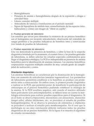 33
–	Hemoglobinuria
–	 Presencia de anemia o hemoglobinuria después de la exposición a drogas o
actividad física
–	 Litiasis vesicular múltiple
–	 Antecedente de ictericia o transfusiones en el periodo neonatal
–	 Signos de hiperplasia de médula ósea: ensanchamiento de los espacios intra-
trabeculares y cráneo con imagen de “ribete en cepillo”.
b. Pruebas generales de laboratorio
Los estudios que sirven para demostrar la existencia de un proceso hemolítico
son el hemograma con recuento reticulocitario, observación del extendido de
sangre periférica y las pruebas indicativas de hemólisis intra y extravascular
(ver listado de pruebas de laboratorio).
c. Pruebas especiales de laboratorio
Una vez demostrada la presencia de hemólisis, y sobre la base de la sospecha
diagnóstica brindada por la anamnesis, el examen físico y las pruebas generales
de laboratorio, se deben solicitar los estudios especiales confirmatorios para
llegar al diagnóstico etiológico. La PCD es indispensable en presencia de anemia
hemolítica para la identificación de anemias inmunes. Las anemias hemolíticas
corpusculares requieren múltiples estudios de muy variado grado de comple-
jidad de realización y costos.
Orientación diagnóstica
Las anemias hemolíticas se caracterizan por la disminución de la hemoglo-
bina con aumento de reticulocitos (anemias regenerativas). Los parámetros
de laboratorio permitirán establecer si la hemólisis se produce con predo-
minio intra o extravascular. En ambos casos, la primera prueba diagnóstica
a realizar es la PCD, que permitirá poner de manifiesto la participación de
anticuerpos en el proceso hemolítico pudiendo establecer la etiología de
la anemia. Si la PCD resultara negativa, aún cuando el reactivo utilizado
fuera polivalente (con anticomplemento), se deberá tener en cuenta la mor-
fología eritrocitaria para realizar pruebas específicas para el diagnóstico. Si
en el frotis se observa hipocromía, microcitosis con anisocitosis, dianocitos
(target cells), células falciformes, etc., se procederá al estudio de posibles
hemoglobinopatías. Si se observa la presencia de esferocitos o eliptocitos
se procederá a realizar el estudio para membranopatías. En el caso que la
morfología no sea muy concluyente deberán realizarse todas las pruebas
diagnósticas de un proceso hemolítico. En la figura 4 se muestra el algoritmo
de estudio recomendado.
 
