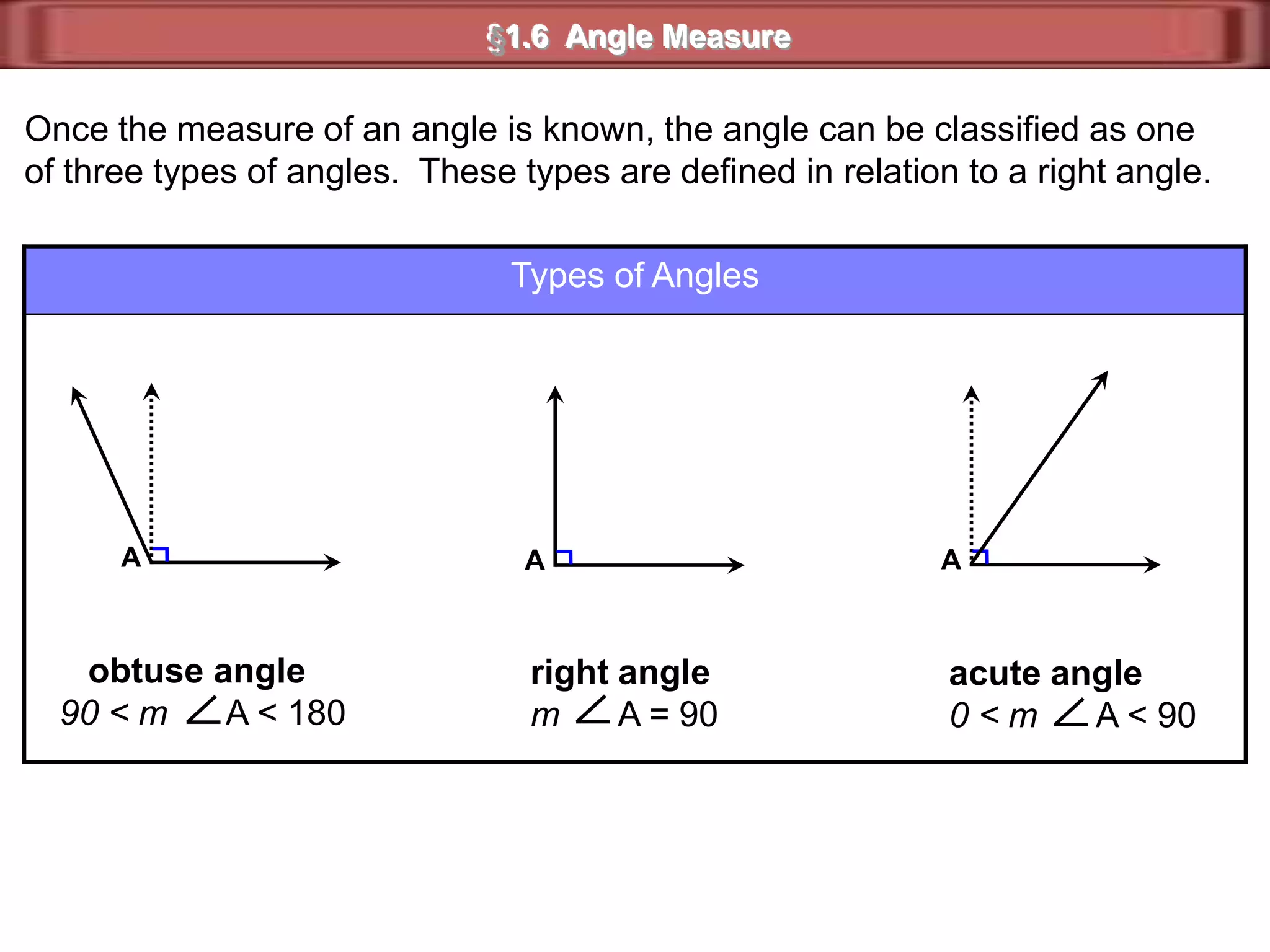 P75°QRm      PQR = 75§1.6 Angle MeasuredegreesIn geometry, angles are measured in units called _______.The symbol for degree is  °.In the figure to the right, the angle is 75 degrees.In notation, there is no degree symbol with 75because the measure of an angle is a real number with no unit of measure.