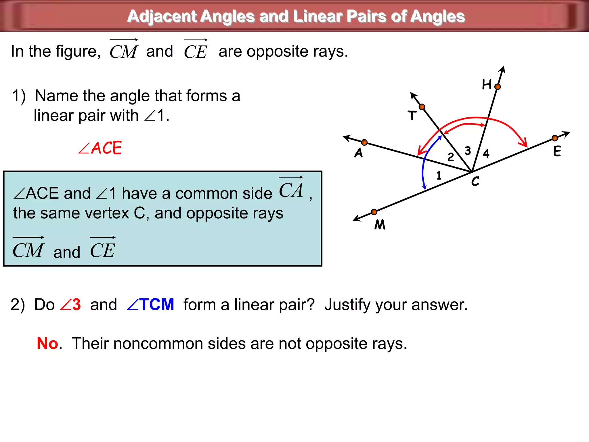 ABDCAdjacent Angles and Linear Pairs of AnglesWhat You'll LearnYou will learn to identify and use adjacent angles and linear pairs of angles.When you “split” an angle, you create two angles. The two angles are called  _____________adjacent angles21adjacent = next to, joining.1  and  2  are examples of adjacent angles.  They share a common ray.Name the ray that  1  and  2   have in common.    ____
