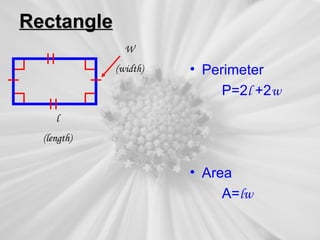 Rectangle
               W
             (width)   • Perimeter
                            P=2l +2w
     l
  (length)


                       • Area
                            A=lw
 