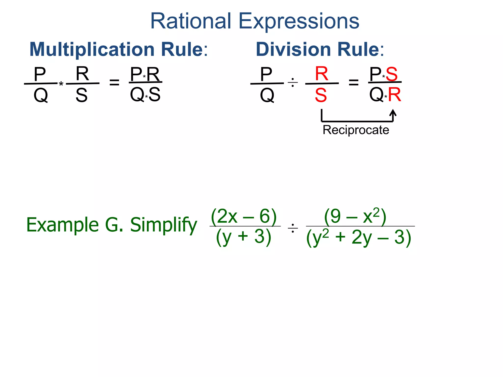 Rational Expressions
Multiplication Rule:
P
Q
R
S
* = P*R
Q*S
Division Rule:
P
Q
R
S
÷ = P*S
Q*R
Reciprocate
Example G. Simplify (2x – 6)
(y + 3) ÷
(y2 + 2y – 3)
(9 – x2)
(2x – 6)
(y + 3) ÷
(y2 + 2y – 3)
(9 – x2)
=
(2x – 6)
(y + 3)
(y2 + 2y – 3)
(9 – x2)*
Reciprocate
 