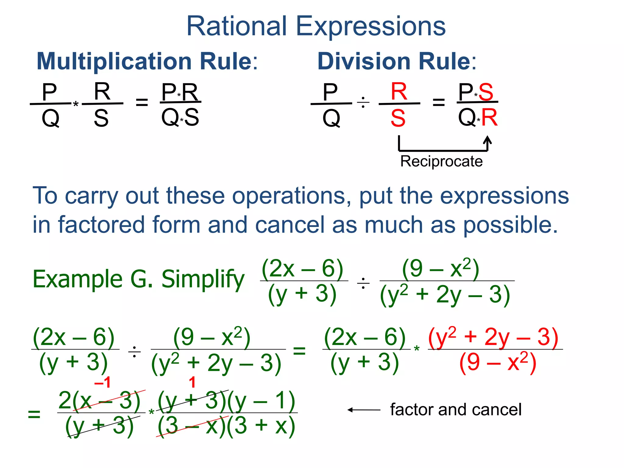 Rational Expressions
Multiplication Rule:
To carry out these operations, put the expressions
in factored form and cancel as much as possible.
P
Q
R
S
* = P*R
Q*S
Division Rule:
P
Q
R
S
÷ = P*S
Q*R
Reciprocate
Example G. Simplify (2x – 6)
(y + 3) ÷
(y2 + 2y – 3)
(9 – x2)
(2x – 6)
(y + 3) ÷
(y2 + 2y – 3)
(9 – x2)
=
(2x – 6)
(y + 3)
(y2 + 2y – 3)
(9 – x2)*
=
2(x – 3)
(y + 3)
(y + 3)(y – 1)
(3 – x)(3 + x)*
–1 1
=
–2(y – 1)
(x + 3)
 