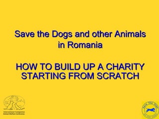 Save the Dogs and other AnimalsSave the Dogs and other Animals
in Romaniain Romania
HOW TO BUILD UP A CHARITYHOW TO BUILD UP A CHARITY
STARTING FROM SCRATCHSTARTING FROM SCRATCH
 