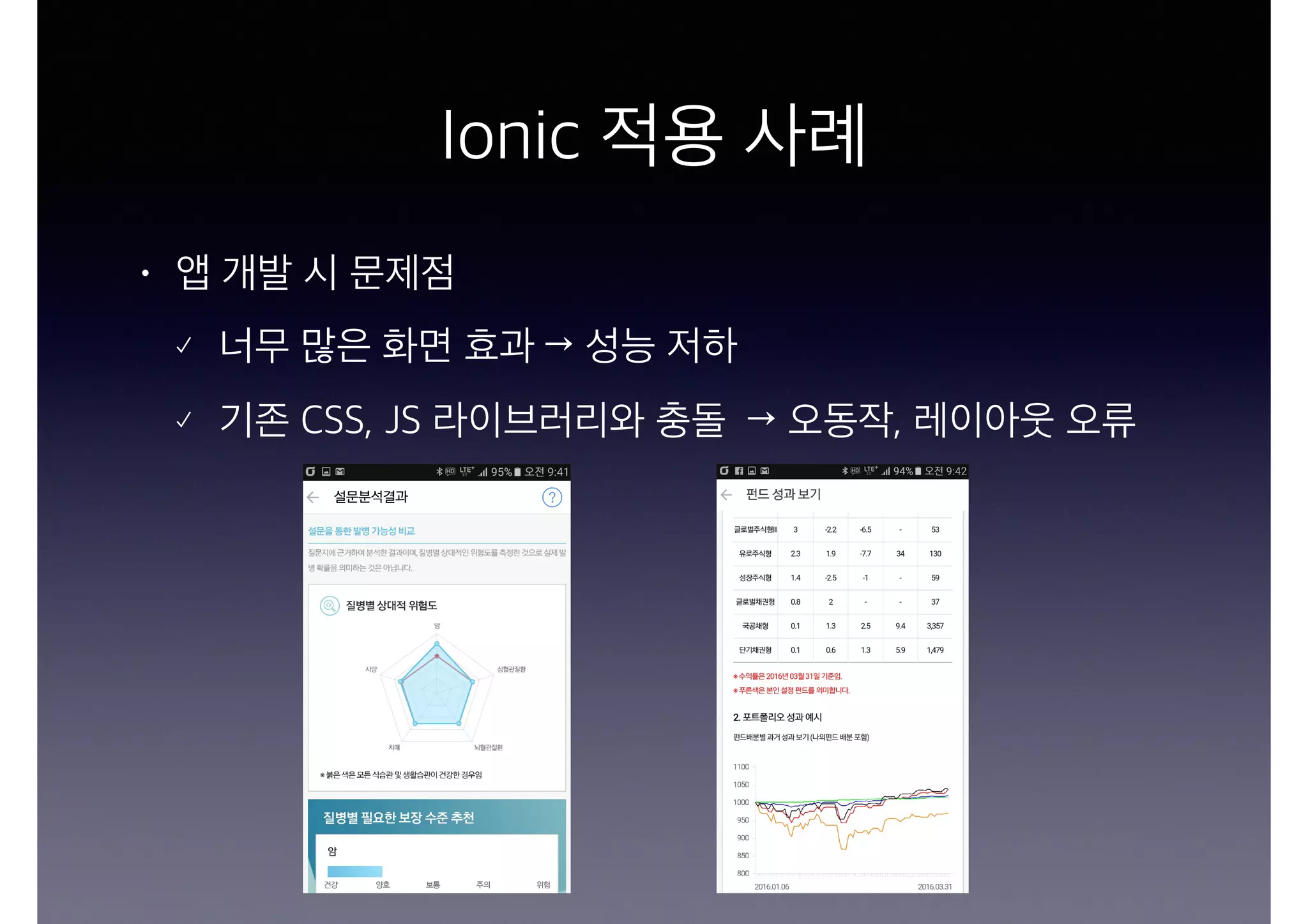 • 앱 개발 시 문제점
너무 많은 화면 효과 → 성능 저하
기존 CSS, JS 라이브러리와 충돌 → 오동작, 레이아웃 오류
Ionic 적용 사례
 