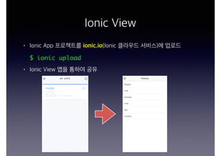 Ionic View
• Ionic App 프로젝트를 ionic.io(Ionic 클라우드 서비스)에 업로드
$ ionic upload
• Ionic View 앱을 통하여 공유
 