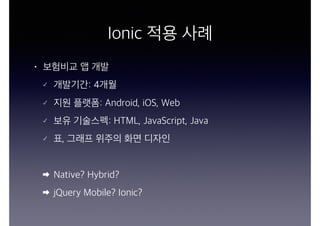 Ionic 적용 사례
• 보험비교 앱 개발
개발기간: 4개월
지원 플랫폼: Android, iOS, Web
보유 기술스펙: HTML, JavaScript, Java
표, 그래프 위주의 화면 디자인
Native? Hybrid?
jQuery Mobile? Ionic?
 