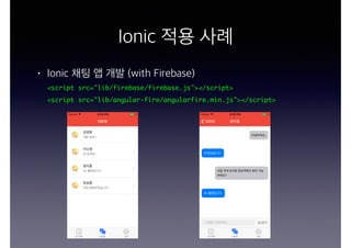 Ionic 적용 사례
• Ionic 채팅 앱 개발 (with Firebase)
<script src="lib/firebase/firebase.js"></script>
<script src="lib/angular-fire/angularfire.min.js"></script>
 