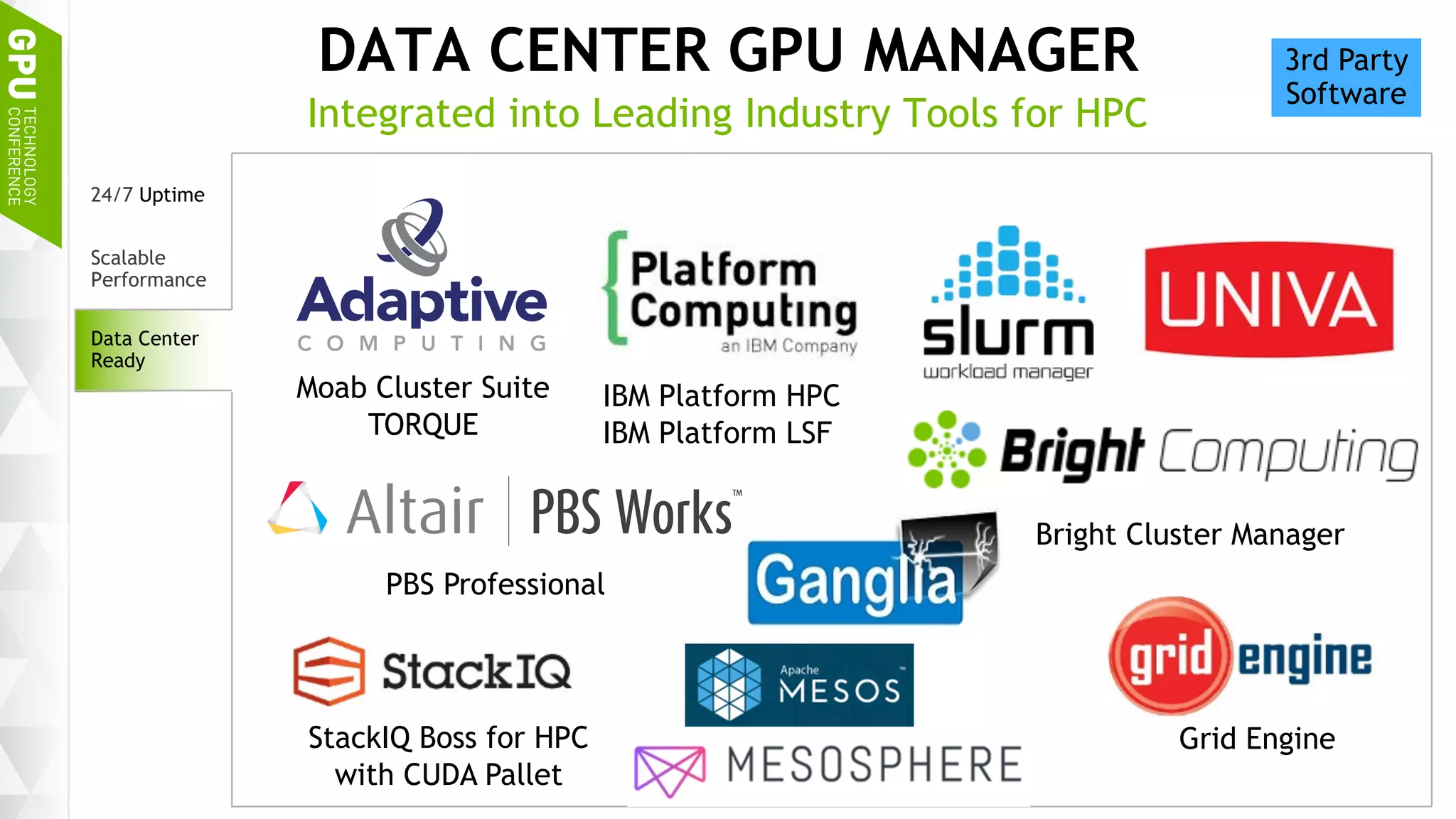 25
DATA CENTER GPU MANAGER
24/7 Uptime
Scalable
Performance
Data Center
Ready
Integrated into Leading Industry Tools for HPC
Moab Cluster Suite
TORQUE
PBS Professional
IBM Platform HPC
IBM Platform LSF
Bright Cluster Manager
StackIQ Boss for HPC
with CUDA Pallet
Grid Engine
3rd Party
Software
 