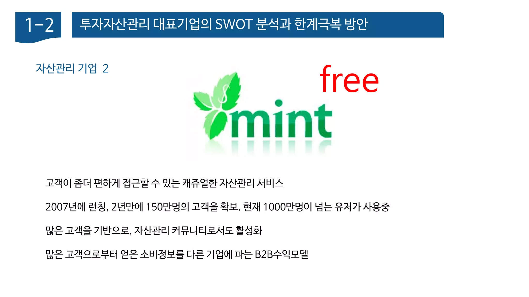 투자자산관리 대표기업의 SWOT 분석과 한계극복 방안1-2
자산관리 기업 2
고객이 좀더 편하게 접근할 수 있는 캐쥬얼한 자산관리 서비스
2007년에 런칭, 2년만에 150만명의 고객을 확보. 현재 1000만명이 넘는 유저가 사용중
많은 고객을 기반으로, 자산관리 커뮤니티로서도 활성화
많은 고객으로부터 얻은 소비정보를 다른 기업에 파는 B2B수익모델
free
 